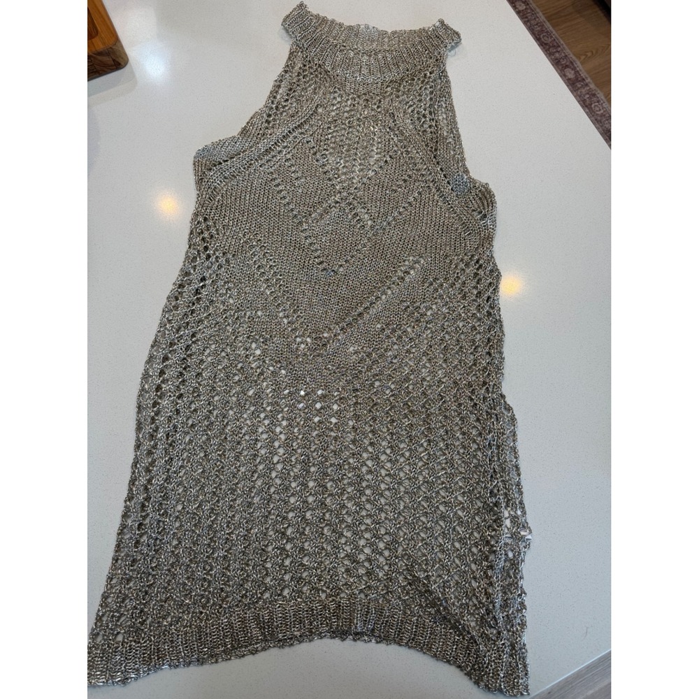 Shein Metallic Silver Open Knit High Neck Sleeveless Tunic Top Large